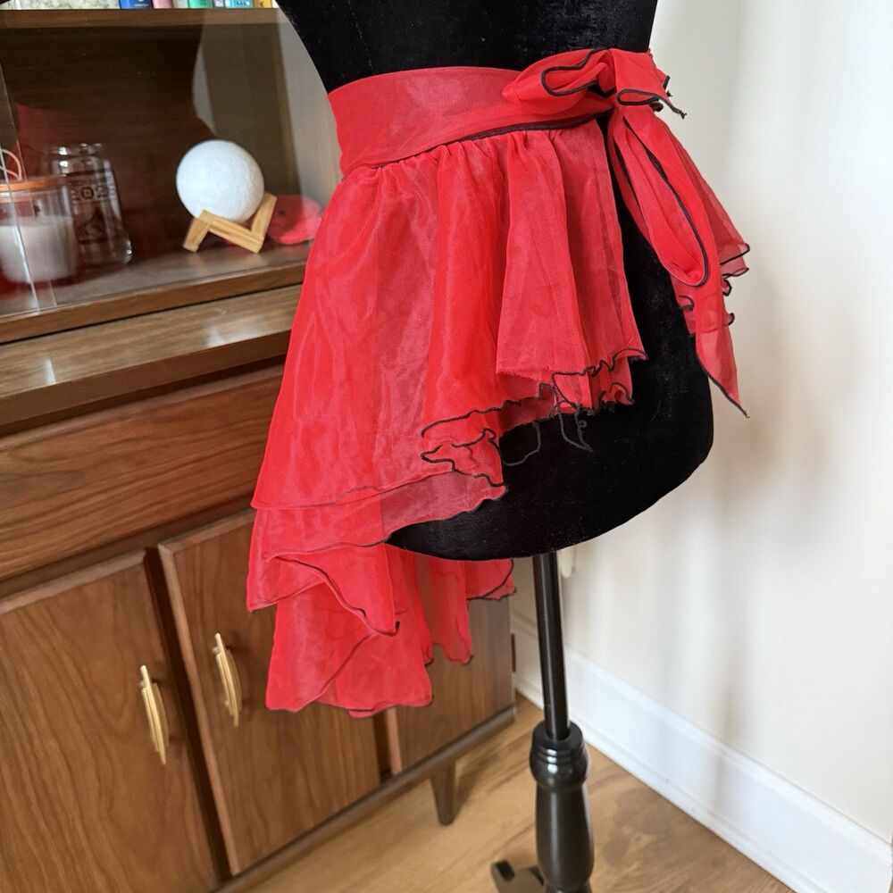 Womenβs Sheer Red Ruffle And Black Trim Half Skirt Apron Mini Overskirt One Size